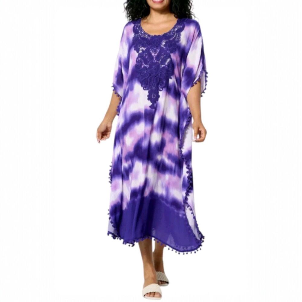 Purple Crochet Tie Dye Pom Pom Caftan Dress Size M/L